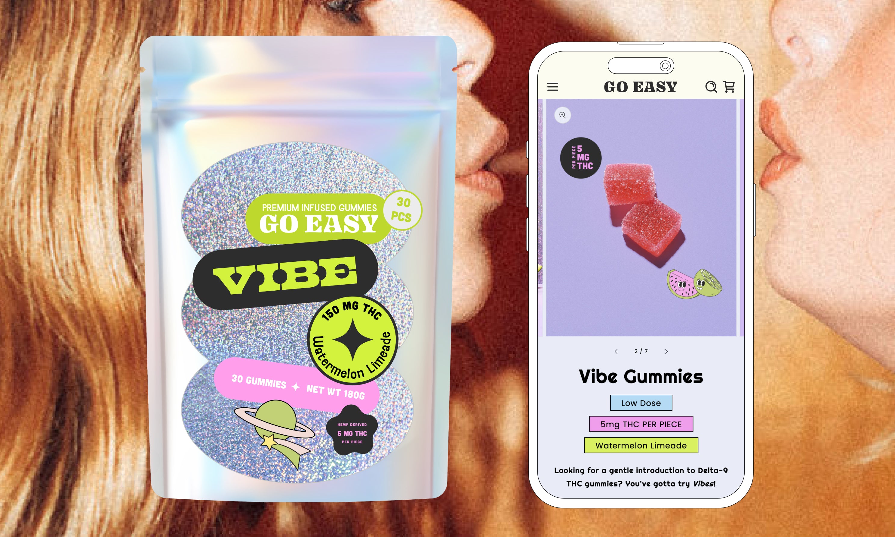 Playfully paired packaging and web for Dallas edibles retail queen Go Easy
