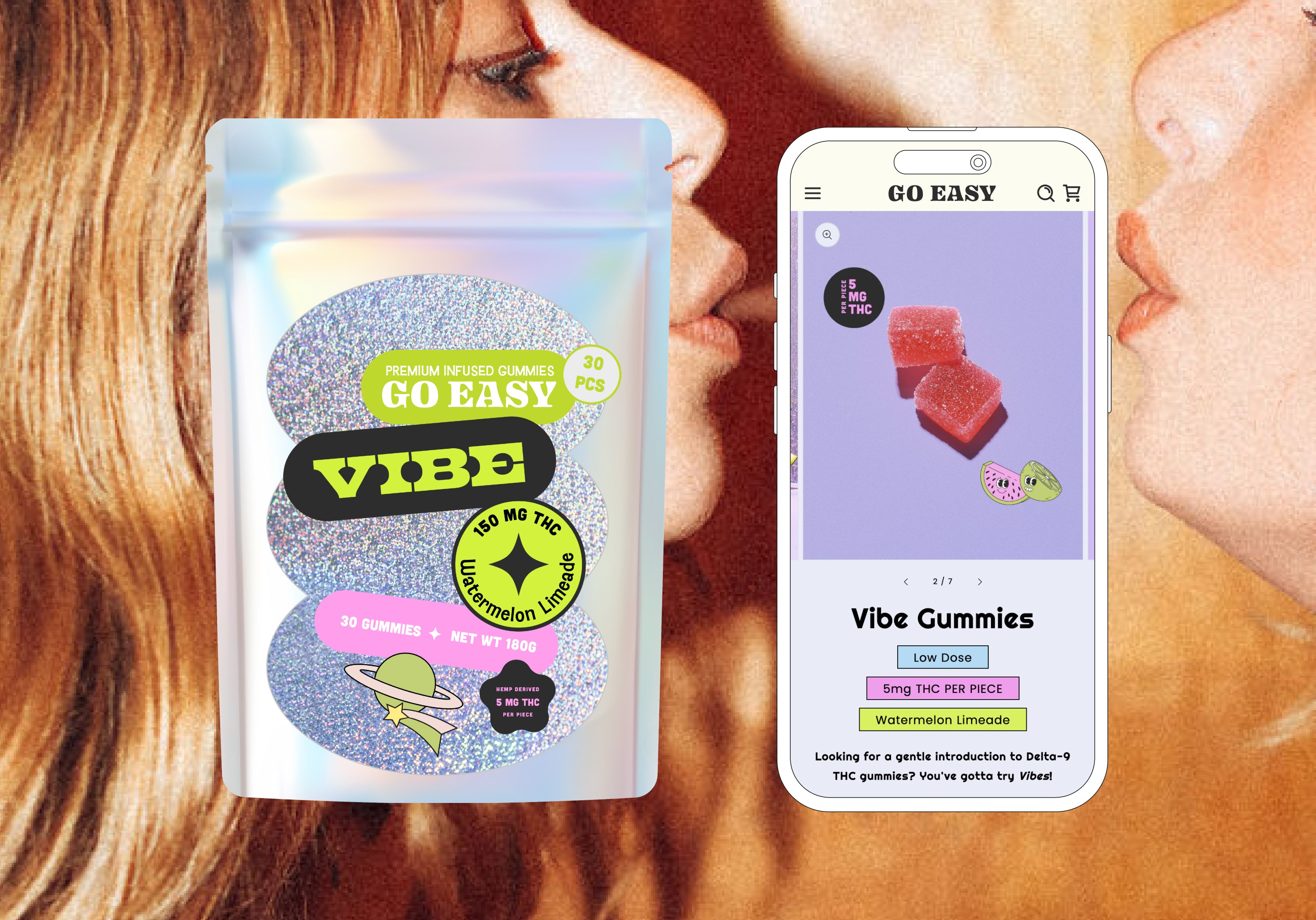 Playfully paired packaging and web for Dallas edibles retail queen Go Easy