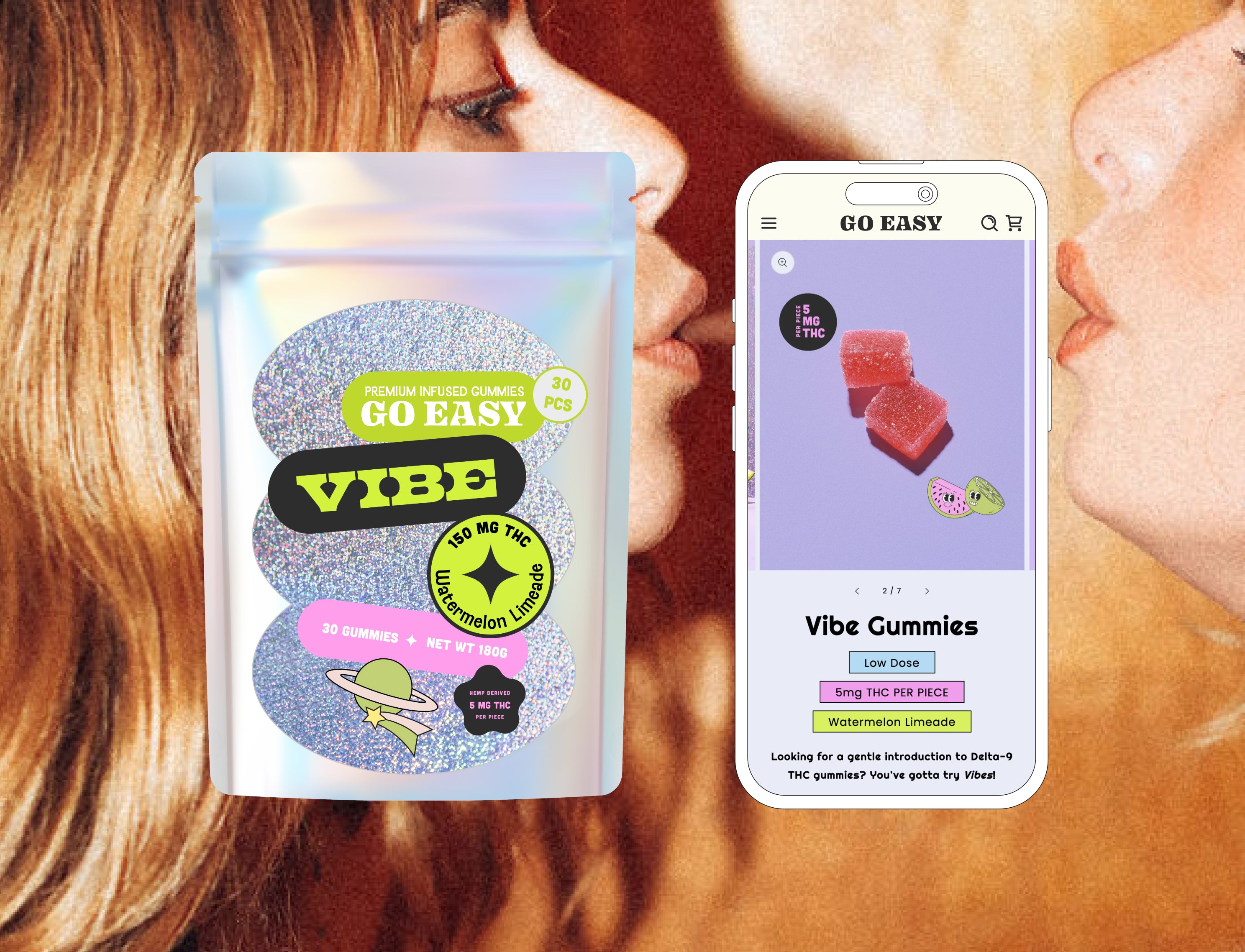 Playfully paired packaging and web for Dallas edibles retail queen Go Easy